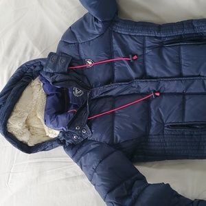 American Eagle Outfitters Navy Puffer Jacket with Pink Accents